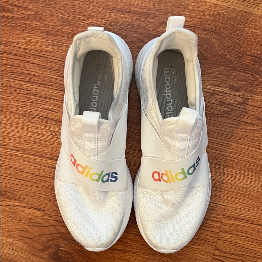 adidas White Slip-On Athletic Shoes with Rainbow Logo